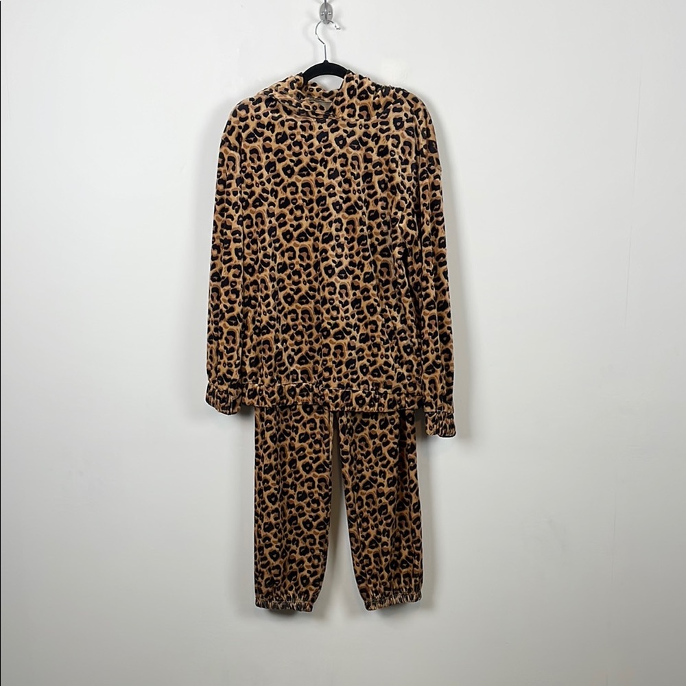 Retro Oyrosy Leopard Print Hooded Sweatshirt And Pant 2 Piece Women M Jogger Set - Picture 2 of 15